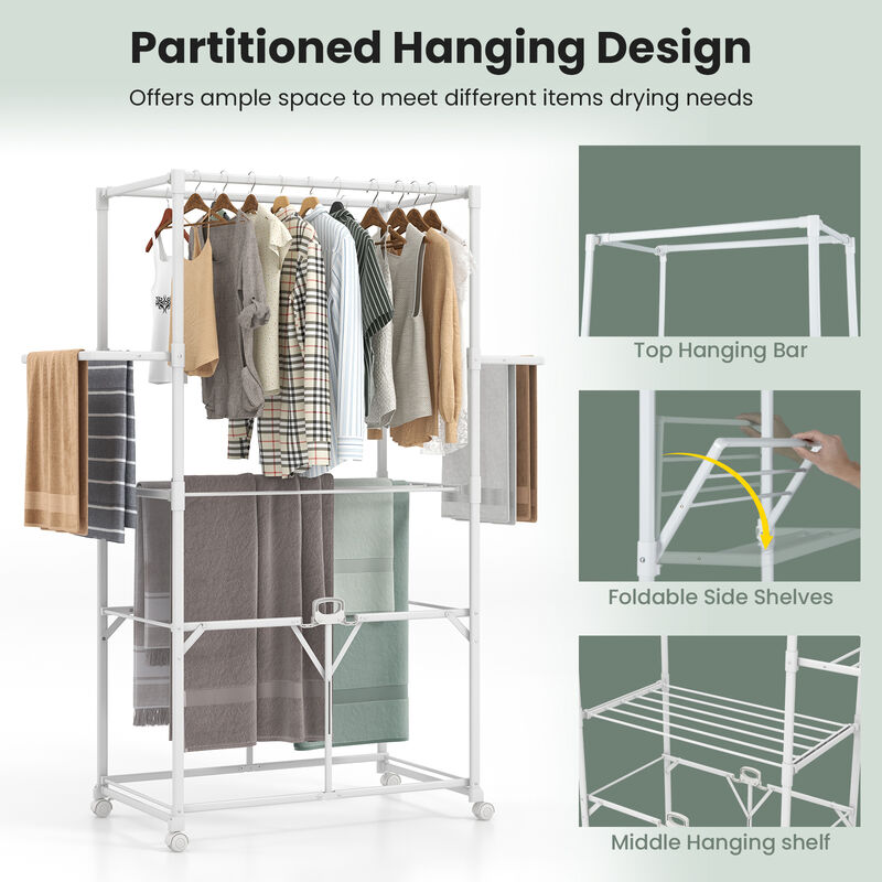Foldable Aluminum Laundry Rack with Hanging Rods and Drying Shelves for Space-Saving Clothes Drying