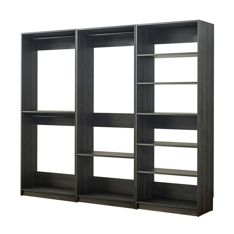 Dee Modular Closet System, 3 Hanging Rods and 6 Shelves, Dark Gray Wood - Benzara