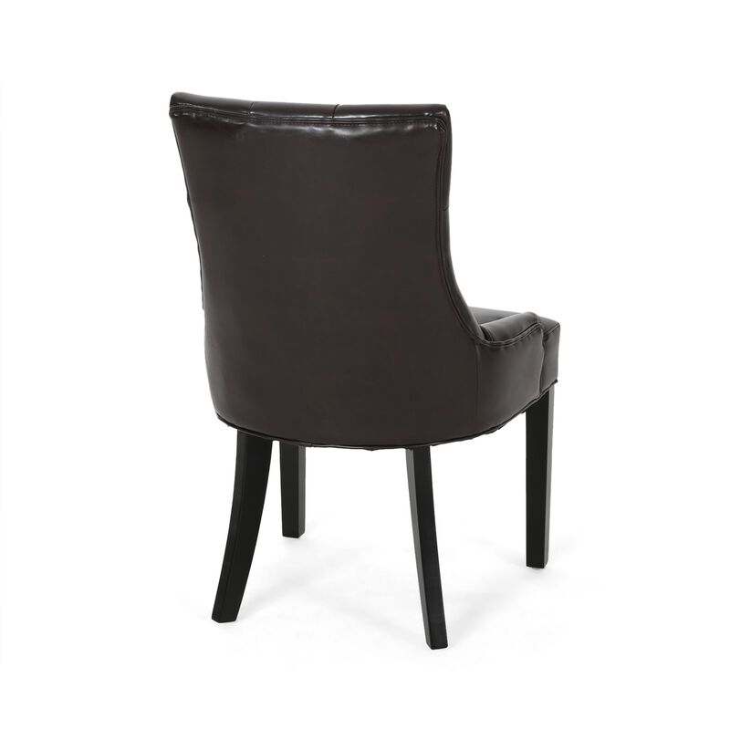 Chen Dining Chair Set of 2, Sloped Arms, Tufted Brown Faux Leather - Benzara