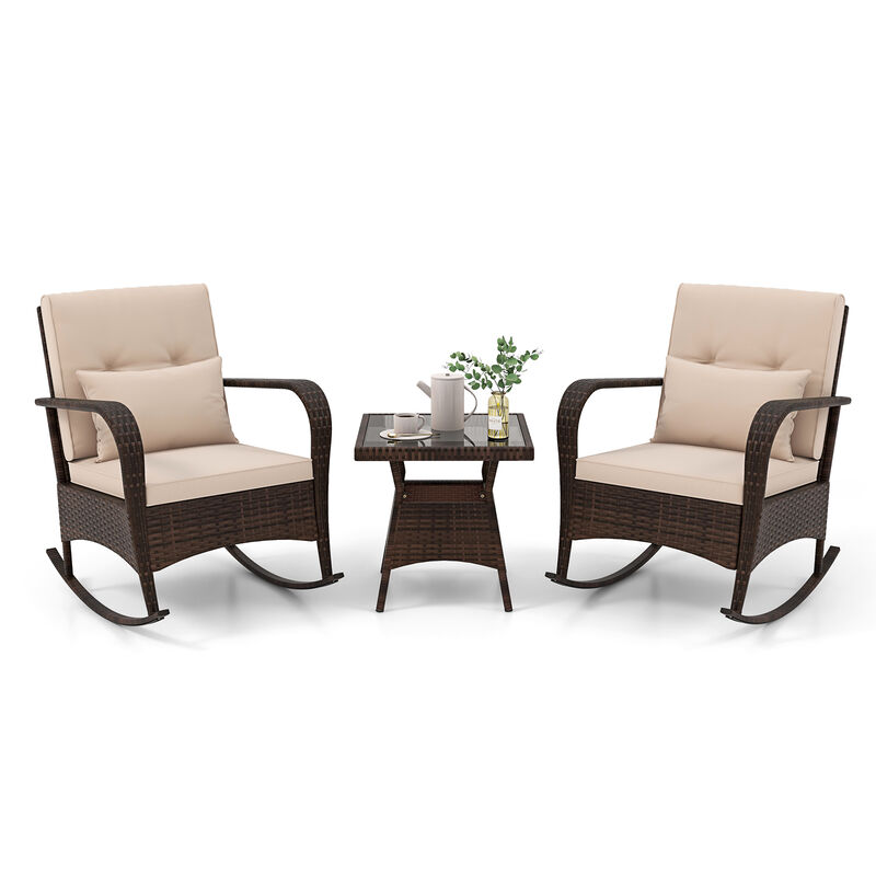 3 Piece Outdoor Rocking Set with Tempered Glass Coffee Table for Backyard Poolside