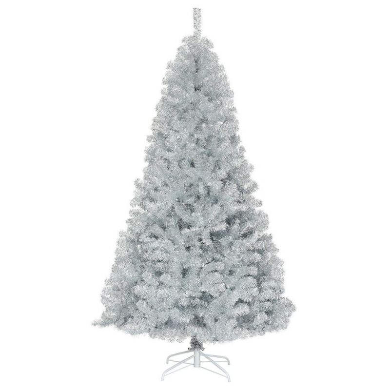 Hivvago 7.5 Ft Hinged Unlit Artificial Silver Tinsel Christmas Tree