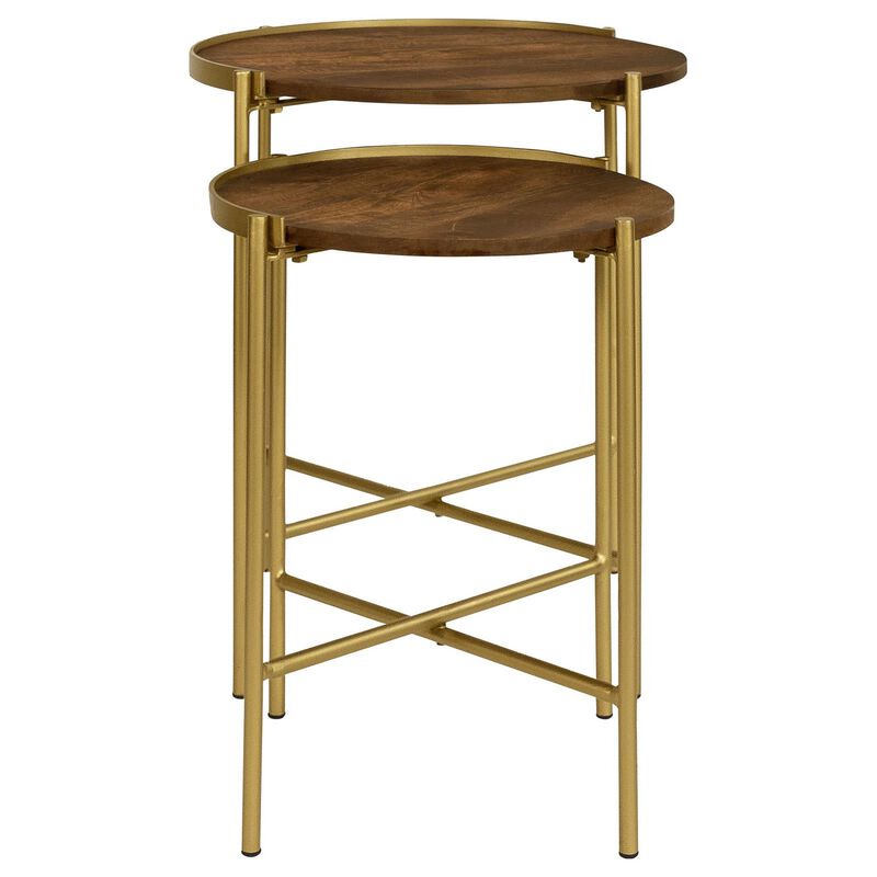2 Piece Round Nesting Tables, Gold Iron, Modern Mango Wood, Warm Brown - Benzara