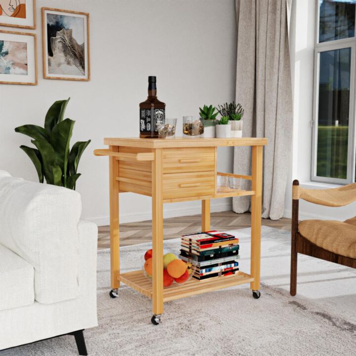 Hivvago Bamboo Kitchen Trolley Cart with Tower Rack and Drawers