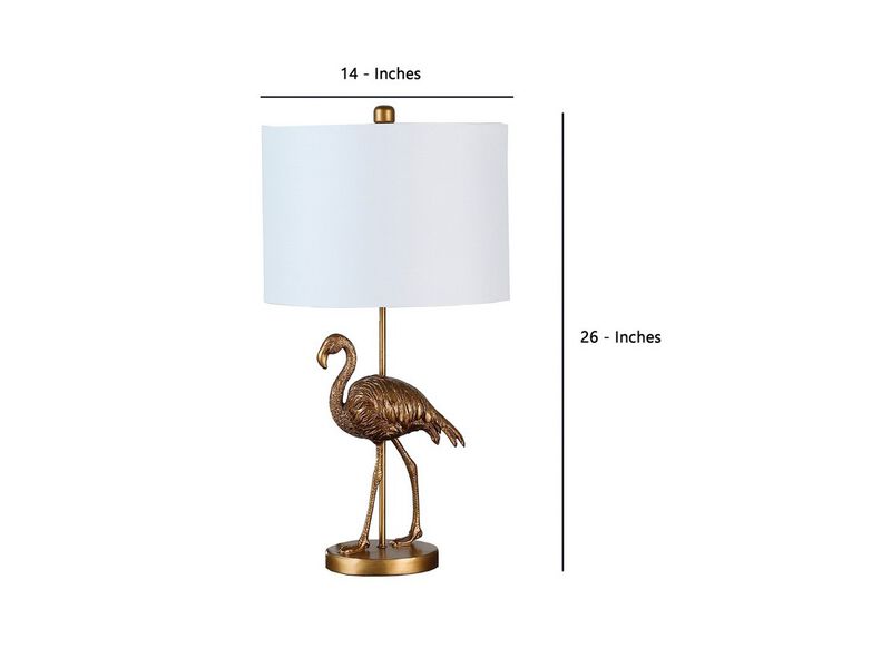 Polyresin Standing Flamingo Design Table Lamp with Round Base, Gold - Benzara