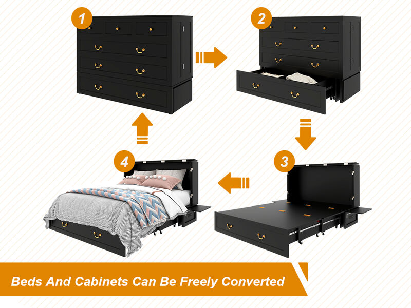Queen Murphy Bed, Murphy Bed with Drawer Includes Storage Cabinet,USB and Charging Port, Murphy Bed Queen Suit for Guest Room, Black Cabinet Bed Guest Bed