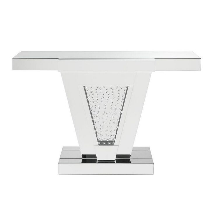 Wood and Mirror  Console Table with Faux Crystals Inlay, Clear-Benzara