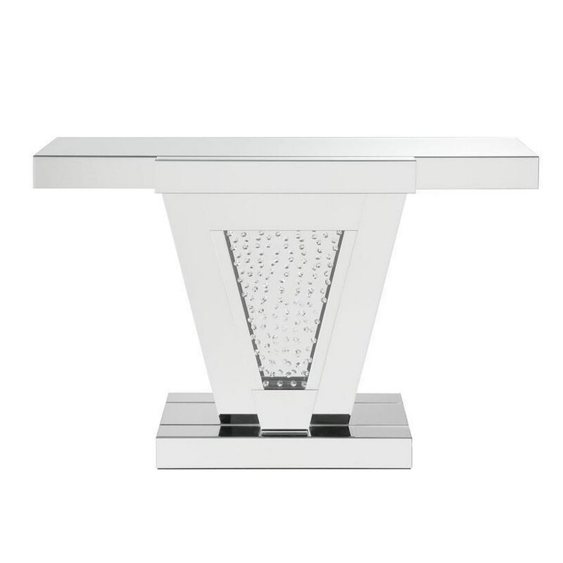 Wood and Mirror  Console Table with Faux Crystals Inlay, Clear-Benzara