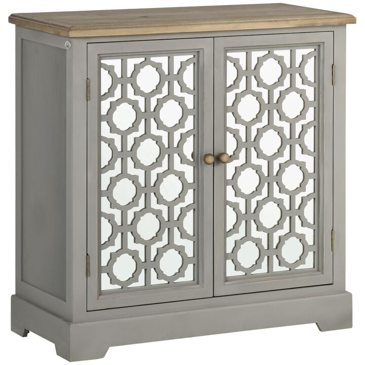 Gray Farmhouse Cabinet: Sideboard with Glass Doors and Wood Top
