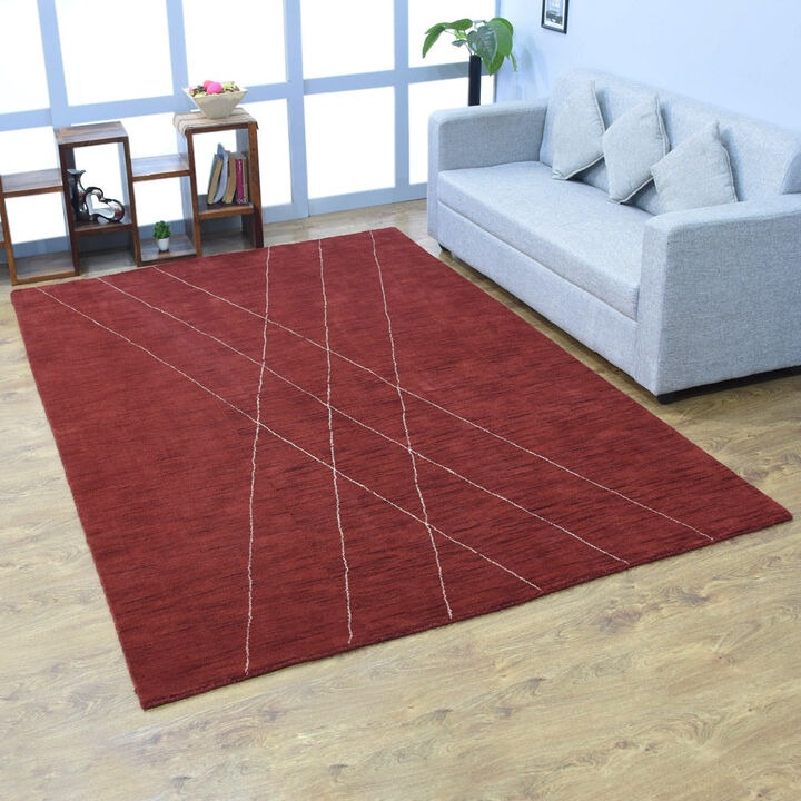 RUGSOTIC CARPETS HAND KNOTTED LOOM WOOL ECO-FRIENDLY AREA RUGS  - 6'x9', Rectangle, Red Color, Geometric Modern Design, High Pile Handmade Anti Skid Area Rugs for Living Room, Bed Room (L00645)