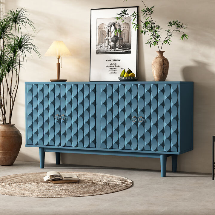 Clihome Modern 4-door Sideboard with Convex Pattern Doors and 2 Silver Handle for Living Room, Dining Room, Kitchen (Navy)