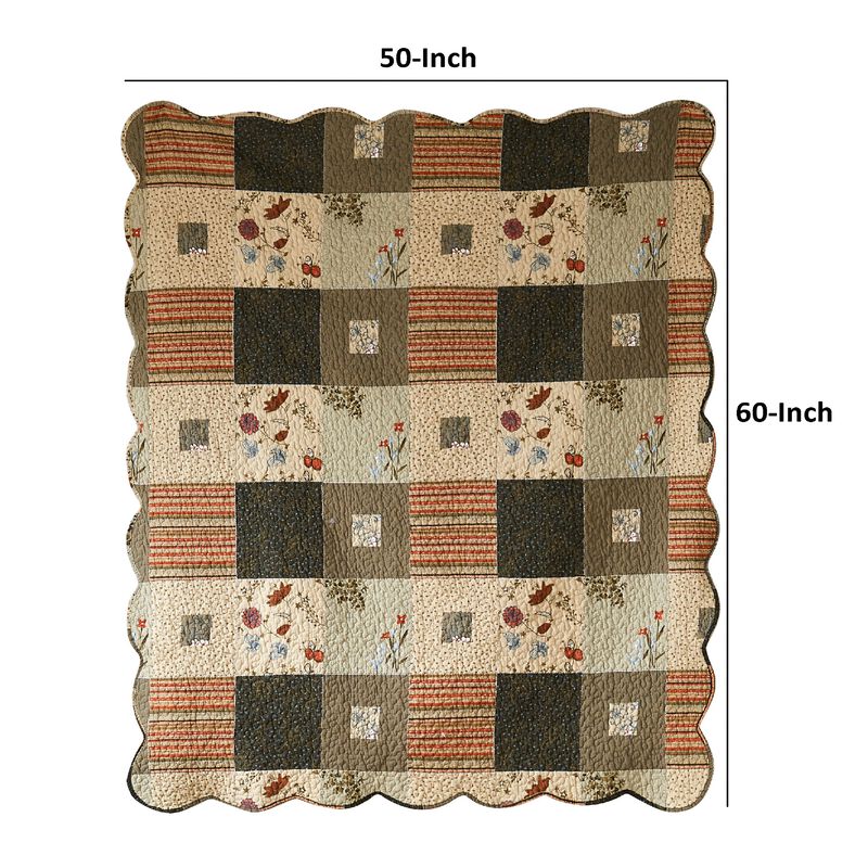 50 x 60 Cotton Quilted Throw Blanket with Fill, Wild Flowers, Multicolor-Benzara