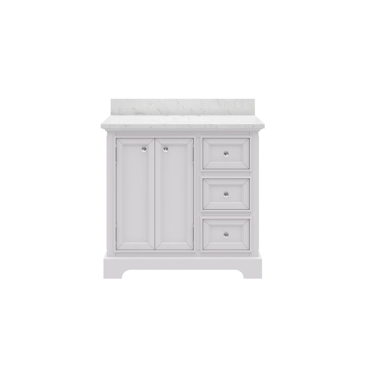 Derby 36 In. Single Sink Carrara White Marble Countertop Bath Vanity In Pure White