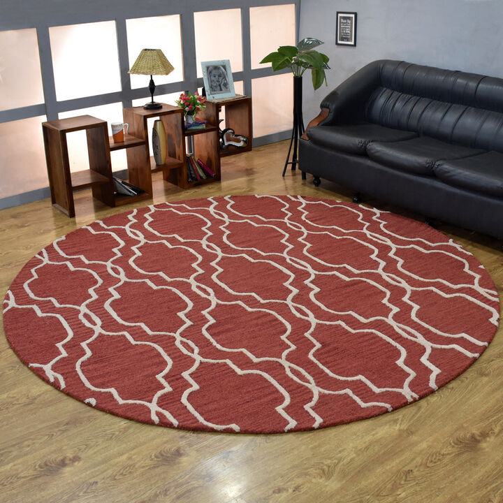 RUGSOTIC CARPETS HAND TUFTED WOOL ECO-FRIENDLY AREA RUGS  - 8'x8', Round Shape, Red & Beige, Geometric Modern Design, High Pile Thick Handmade Area Rugs for Living Room, Bed Room (K09014)