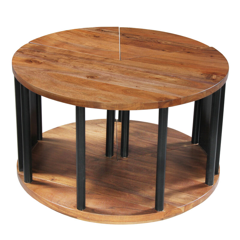 Jones 30-Inch Round Coffee Table, Handcrafted Natural Brown Acacia Wood, 3 Piece Split Design - Benzara