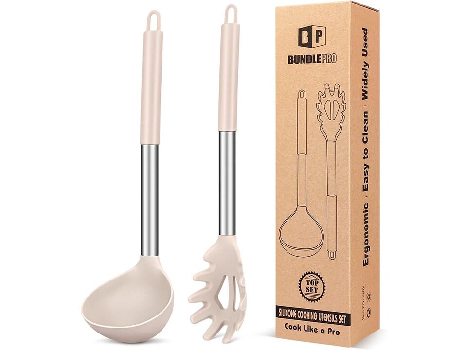 BUNDLEPRO Silicone Pasta Fork and Ladle Spoon Set, Large Non Stick Kitchen Utensils for Cooking