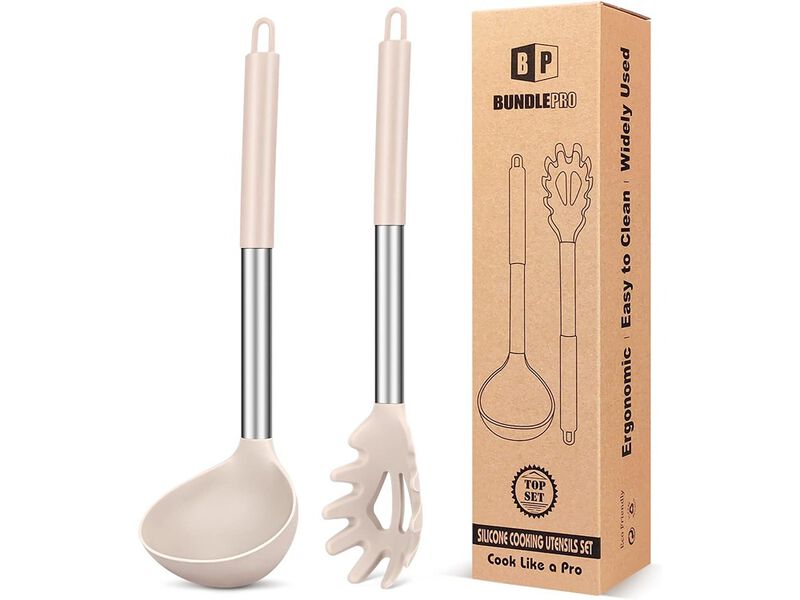 BUNDLEPRO Silicone Pasta Fork and Ladle Spoon Set, Large Non Stick Kitchen Utensils for Cooking