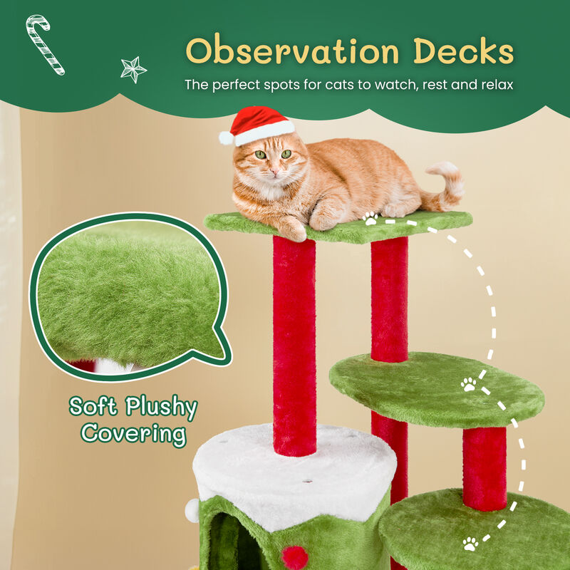 Christmas-Themed Cat Tower with Cozy Cat Condo Festive Playhouse for Cats