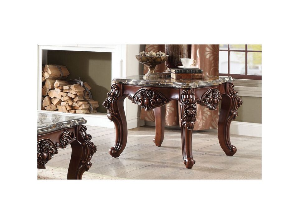 Scalloped Marble Top End Table With Carved Floral Motifs, Walnut Brown - Benzara