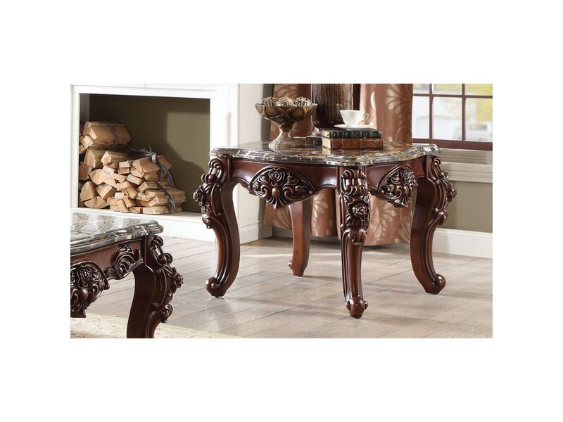 Scalloped Marble Top End Table With Carved Floral Motifs, Walnut Brown - Benzara