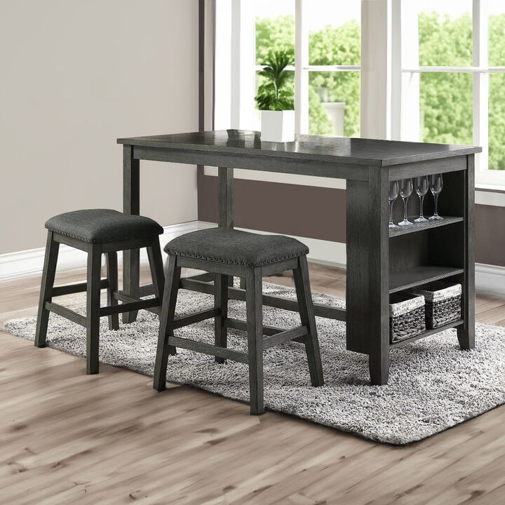 Wooden Counter Height Table with Three Storage Shelves, Gray-Benzara