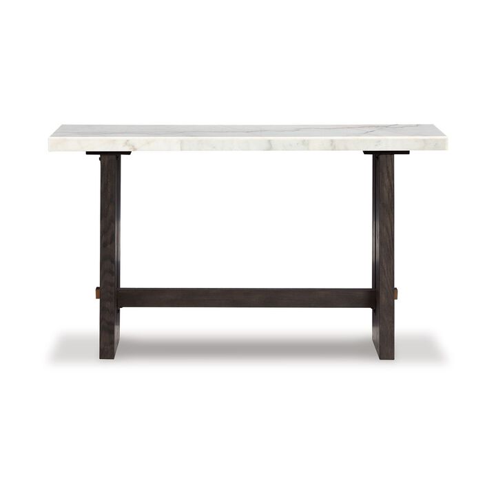 Haus Sofa Console Table, Marble Top, Panel legs, 52 Inch Brown Wood - Benzara