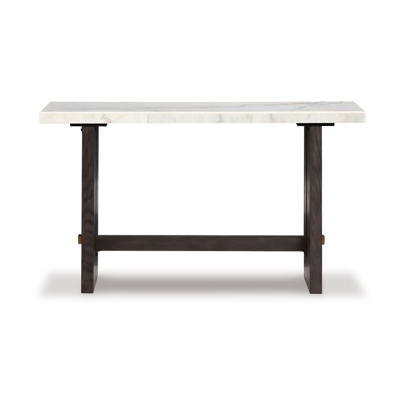 Haus Sofa Console Table, Marble Top, Panel legs, 52 Inch Brown Wood - Benzara