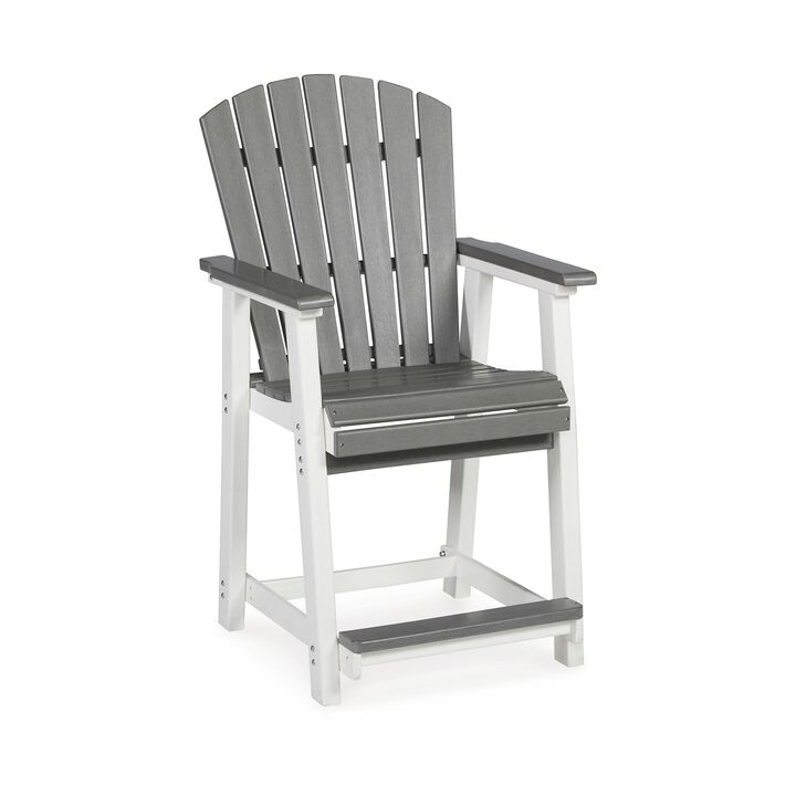 24 Inch Counter Stool Armchair Set of 2, Outdoor Slatted, Gray, White - Benzara