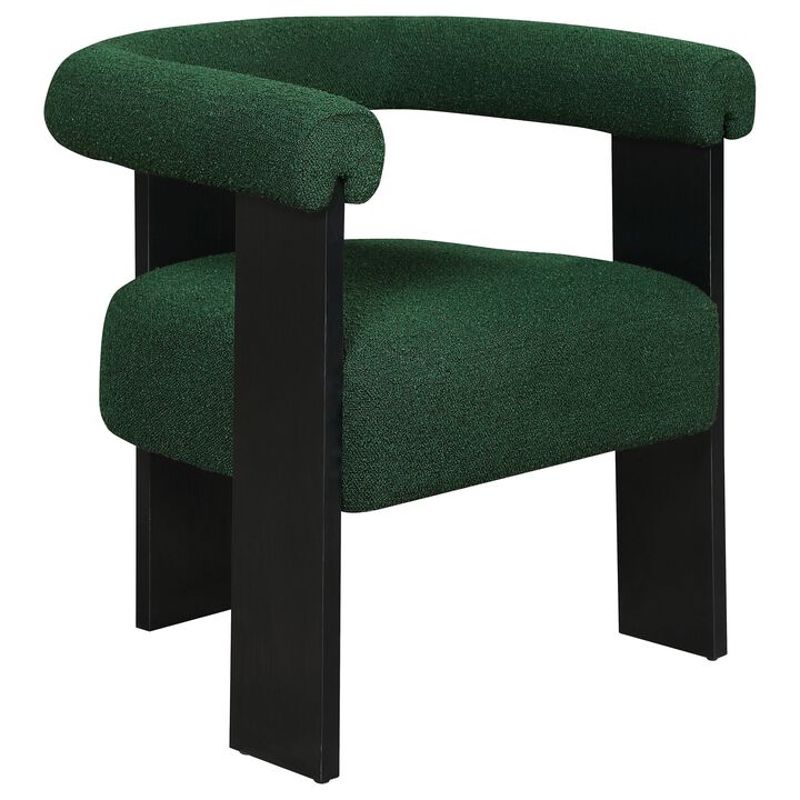 Cara Accent Chair, Curve Back, Green Boucle Fabric with Black Wood Legs - Benzara