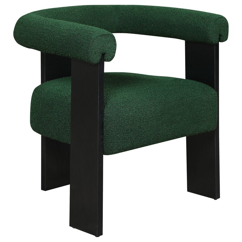 Cara Accent Chair, Curve Back, Green Boucle Fabric with Black Wood Legs - Benzara