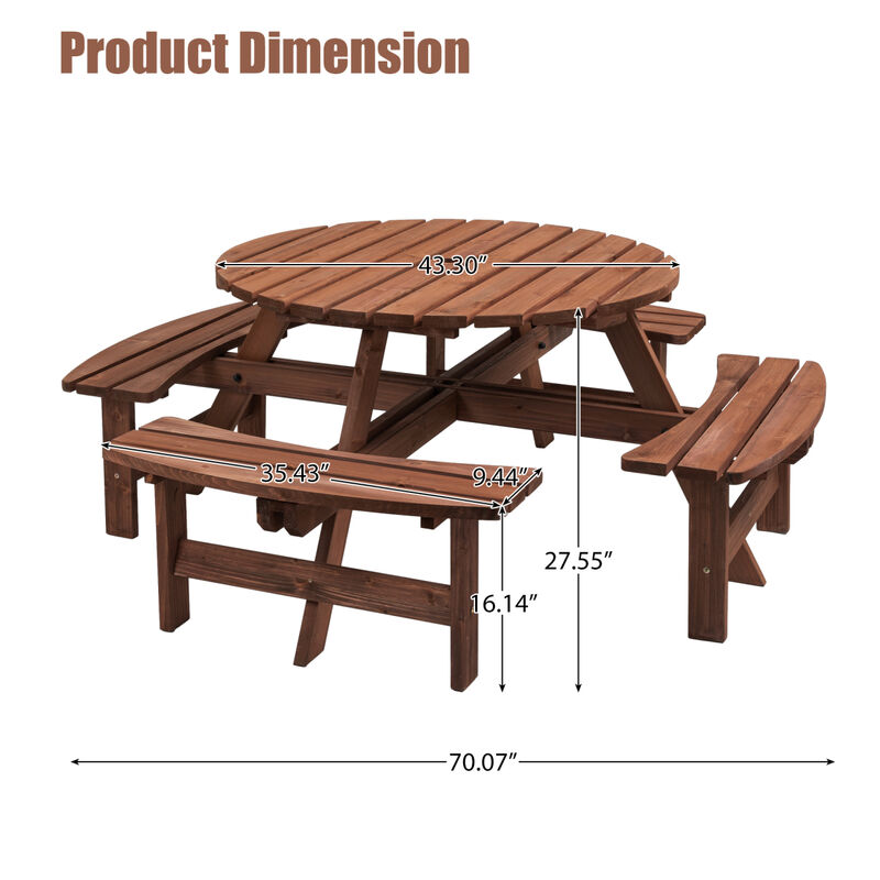 8 Person Wooden Picnic Table with Built-In Benches