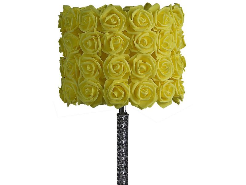 Bloom Roses Drum Shade Table Lamp with Twisted Acrylic Base, Yellow - Benzara