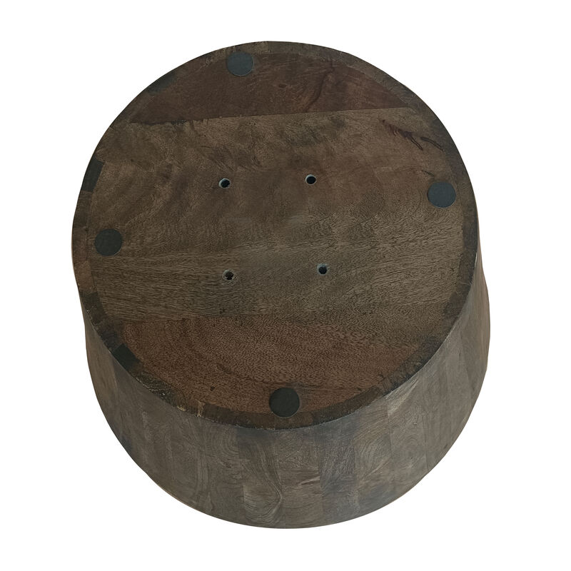24 Inch Side End Table, Round Drum Shape, Handcrafted Distressed Gray Mango Wood