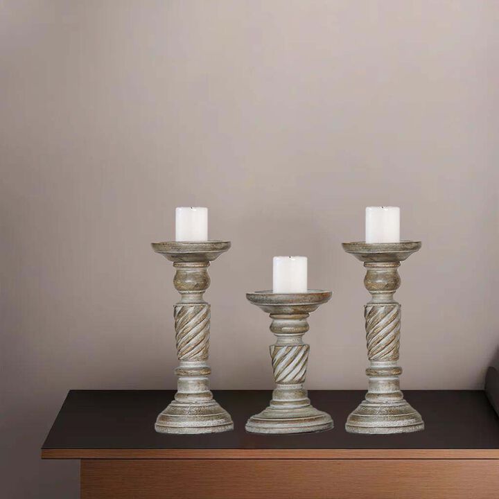 Traditional Gray Wash Eco-friendly Handmade Mango Wood Set Of Three 9",6" & 9" Pillar Candle Holder BBH Homes