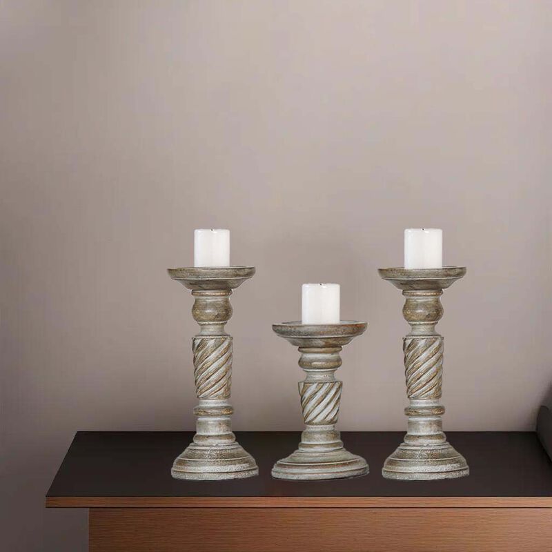 Traditional Gray Wash Eco-friendly Handmade Mango Wood Set Of Three 9",6" & 9" Pillar Candle Holder BBH Homes