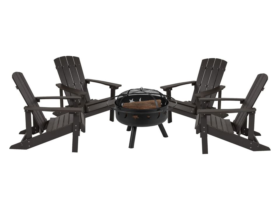 Flash Furniture 5 Piece Commercial Charlestown Adirondack Chair Set with Fire Pit - 4 Slate Gray Poly Resin Wood Chairs - Star and Moon Fire Pit with Mesh Cover