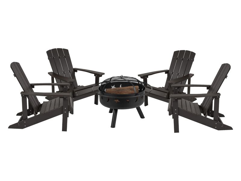 Flash Furniture 5 Piece Commercial Charlestown Adirondack Chair Set with Fire Pit - 4 Slate Gray Poly Resin Wood Chairs - Star and Moon Fire Pit with Mesh Cover