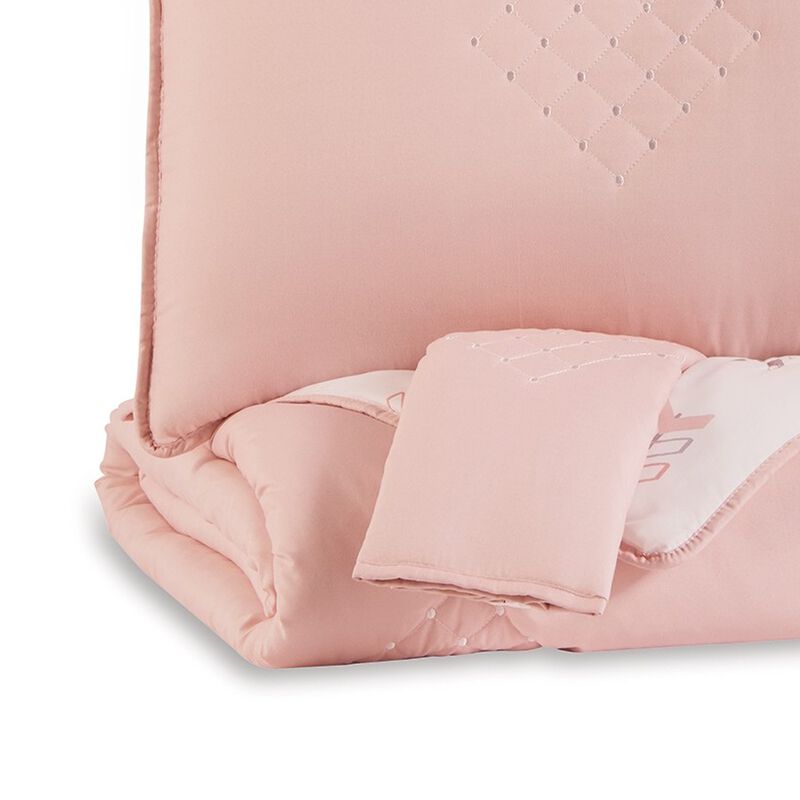 Maxie Full Size Comforter Set with Sham, Pink, White, Polyester, Polyfill - Benzara