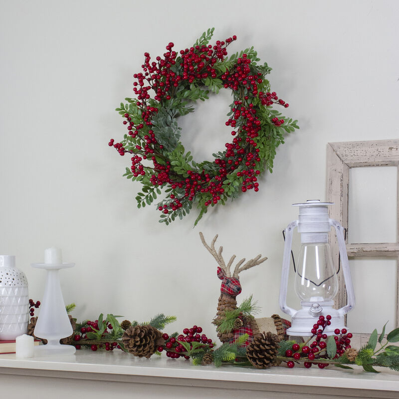 Red Berries and Two Tone Leaves Artificial Christmas Wreath - 20 inch  Unllit