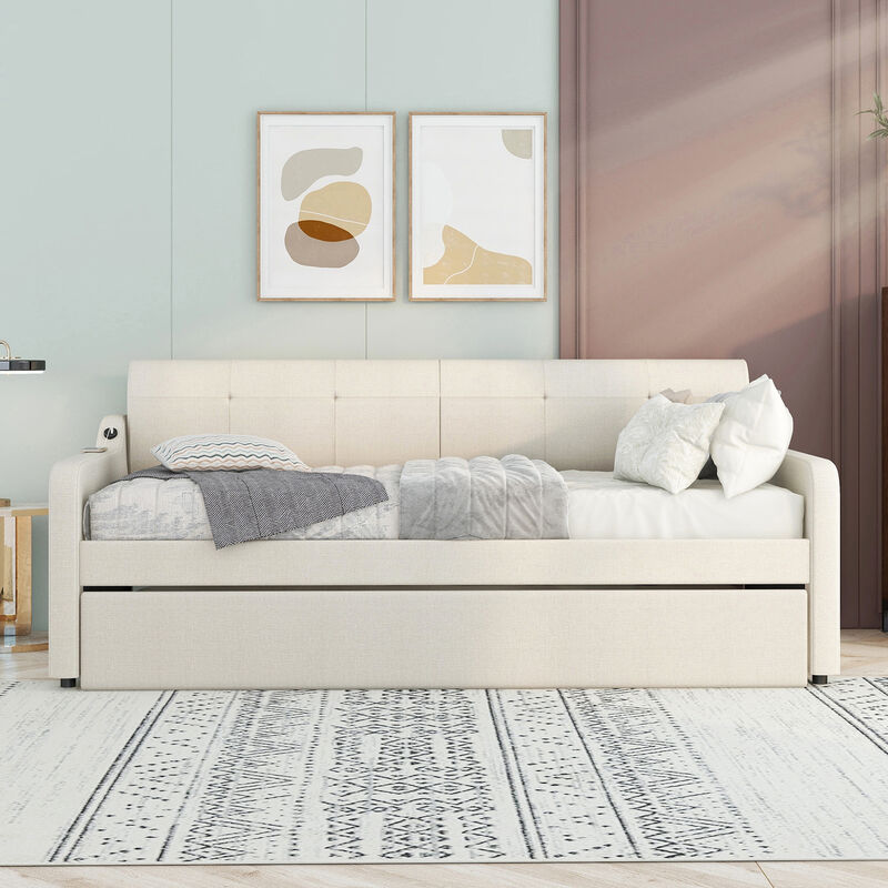 Merax Upholstery Daybed with Trundle and USB Charging Design