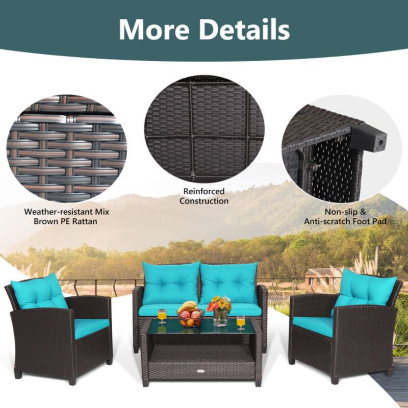 Hivvago 4 Pieces Patio Rattan Furniture Set with Tempered Glass Coffee Table