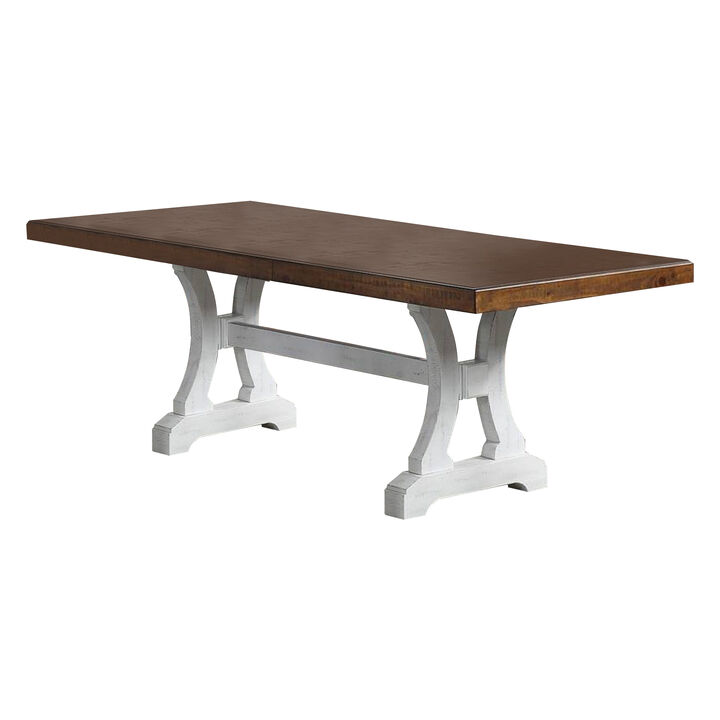 Dining Table with Trestle Base and Extension Leaf, Black and Brown - Benzara