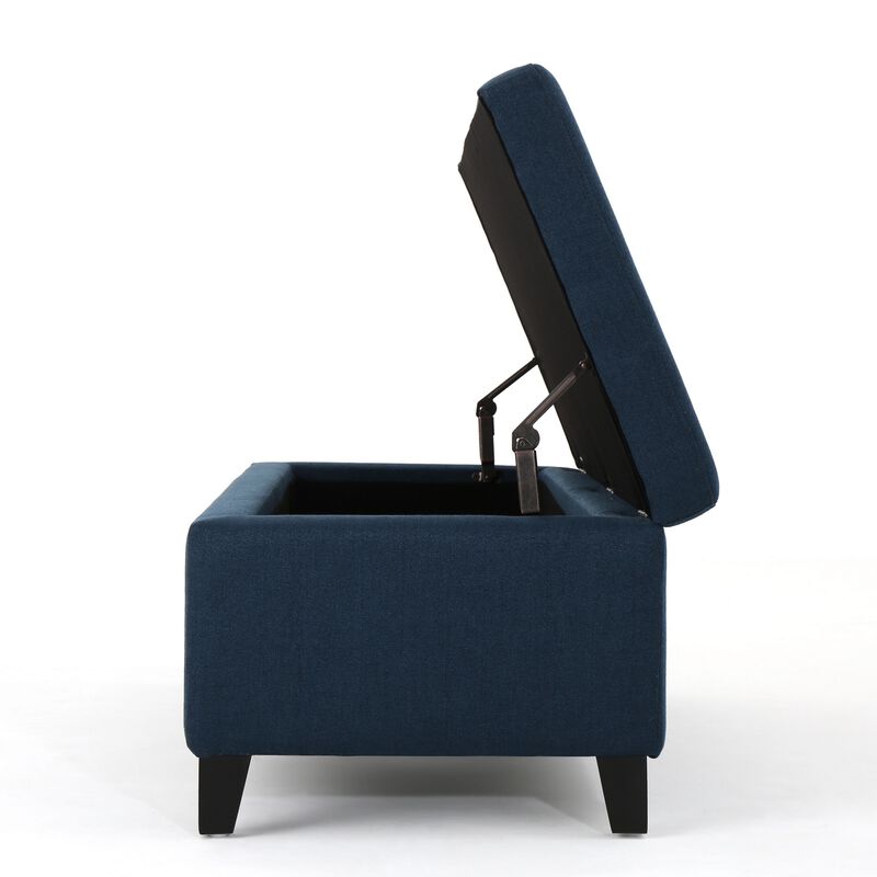 Harry Storage Ottoman Bench, Navy Blue Fabric 51 Inch Solid Birch Wood -Benzara