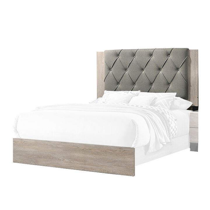 Wooden Queen Bed with Button Tufted Upholstered Headboard, Gray and Cream-Benzara