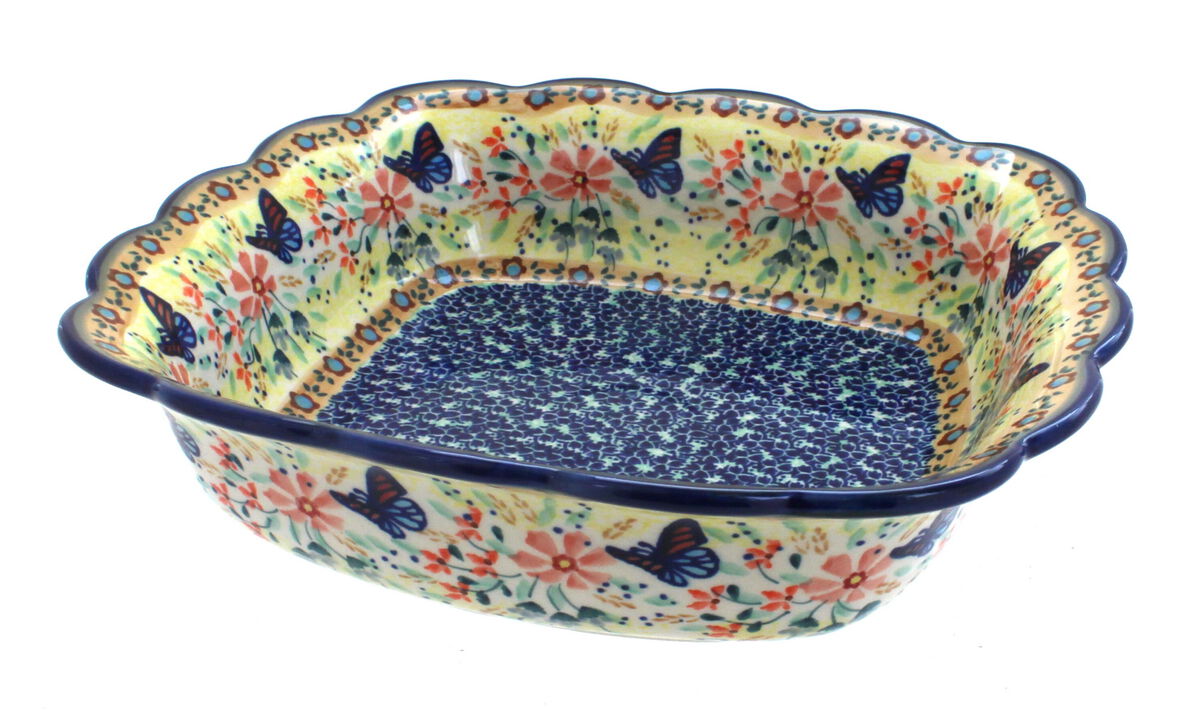 Blue Rose Polish Pottery Sage Floral Small Square Serving Dish