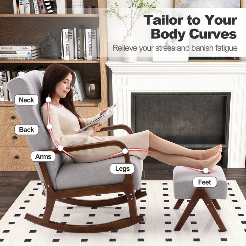 Rocking Chair with Ottoman and Solid Rubber Wood Frame and Padded Cushion-Grey