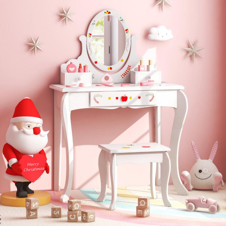 Hivvago Kids Vanity and Stool Set with 360Â° Rotatable Mirror and Whiteboard-White
