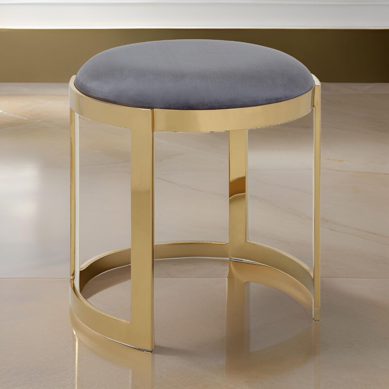 Niyo 19 Inch Accent Stool Ottoman, Round Cushioned Gray Velvet Seat, Gold - Benzara