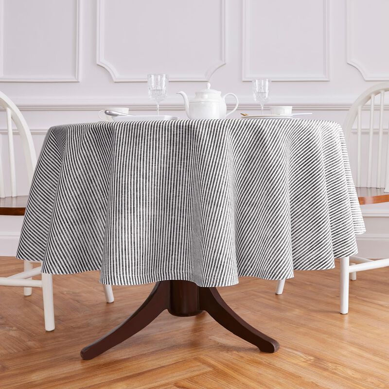 Solino Home 100% Pure Linen Round Tablecloth |Narrow Stripe