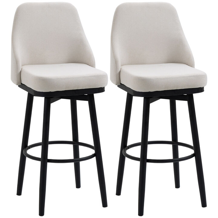 HOMCOM Bar Height Bar Stools Set of 2, Modern 360° Swivel Barstools, 29.5 Inch Seat Height Upholstered Kitchen Chairs with Steel Legs and Footrest, Cream White