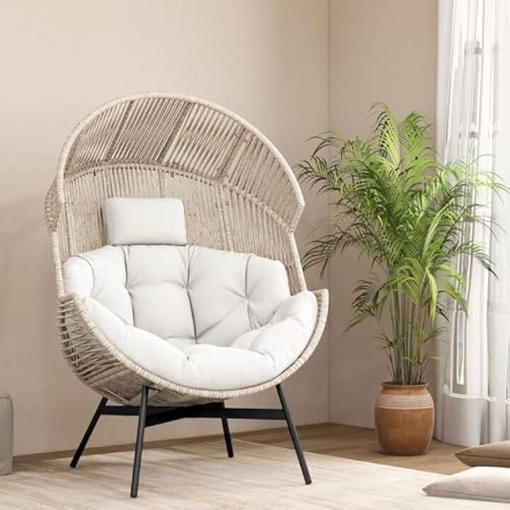 Hivvago Wicker Oversized Egg Style Chair with Cushions and Headrest